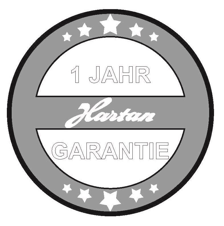 Rundes Hartan Emblem mit Text 1 Jahr Garantie, mittig Schriftzug Hartan, am Rand mehrere fünfzackige Sterne oben und unten