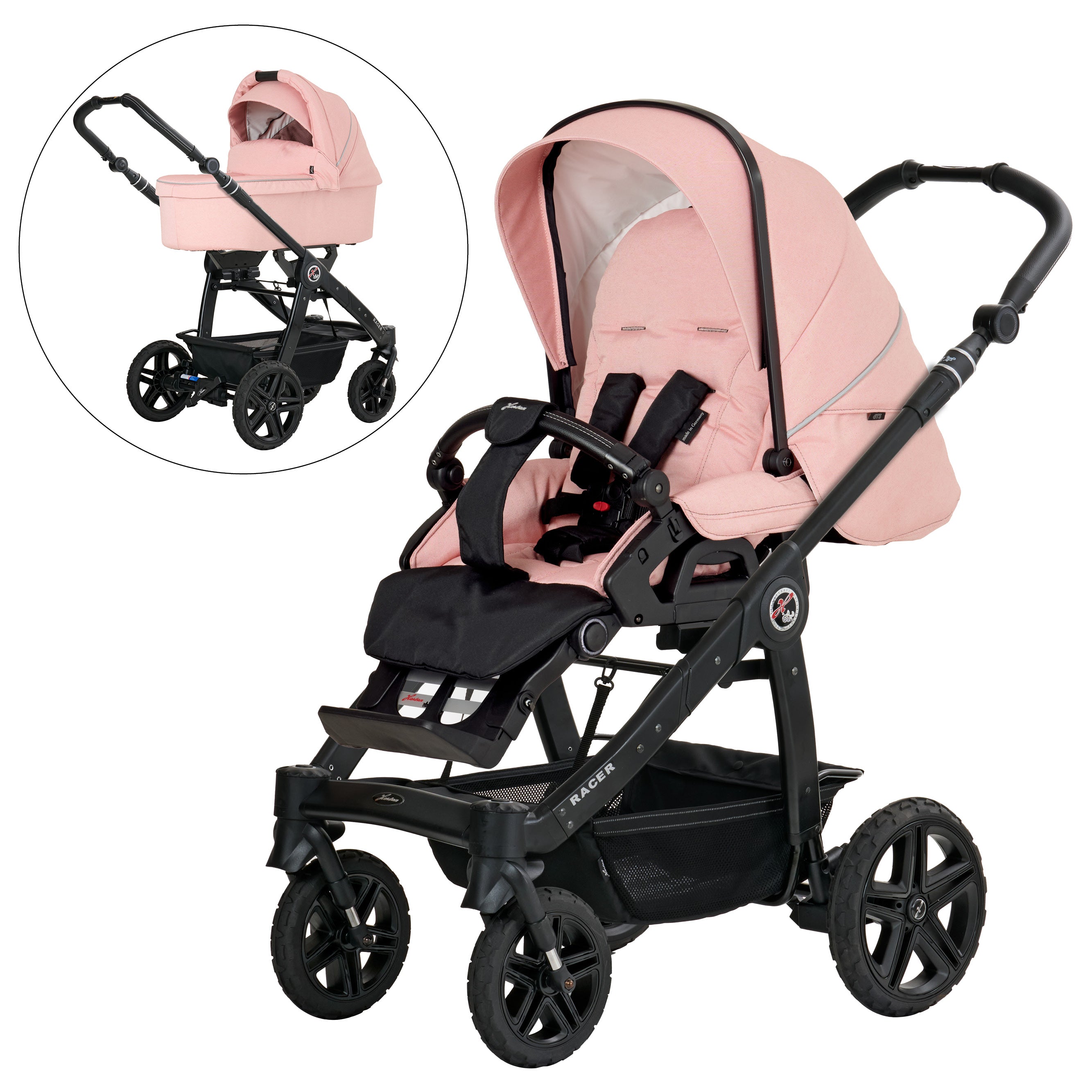 Racer GTS Sportwagen  627 / Peach Blossom.
Schwarzer Schutzbügel und Handgriff
Schwarzes Gestell
Racer GTS mit Falttasche
Schwarzes Gestell und Handgriff
2 Bilder mit jeweils Schräge Vorderansicht