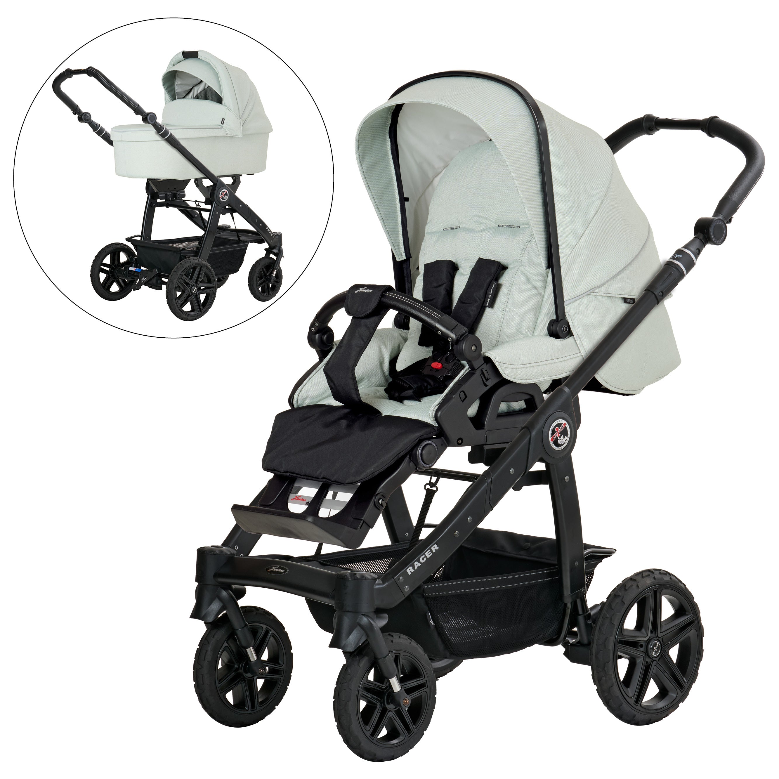 Racer GTS Sportwagen  628 / Sage Breeze.
Schwarzer Schutzbügel und Handgriff
Schwarzes Gestell
Racer GTS mit Falttasche
Schwarzes Gestell und Handgriff
2 Bilder mit jeweils Schräge Vorderansicht