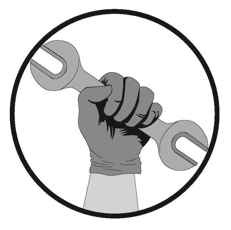 Symbol Hand mit Schraubenschlüssel im Kreis, geschlossene Faust greift Gabelschlüssel quer, Motiv für Reparatur Werkzeug