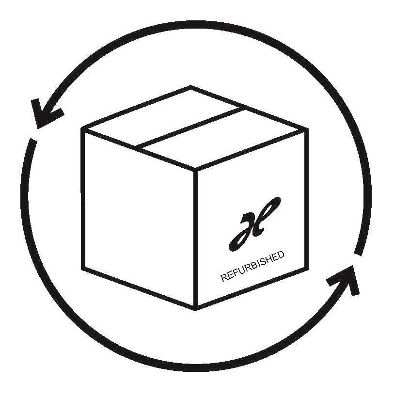 Symbol für refurbished Produkt: schwarze Umverpackung mit Logo und Aufschrift REFURBISHED, umgeben von Pfeil-Kreis