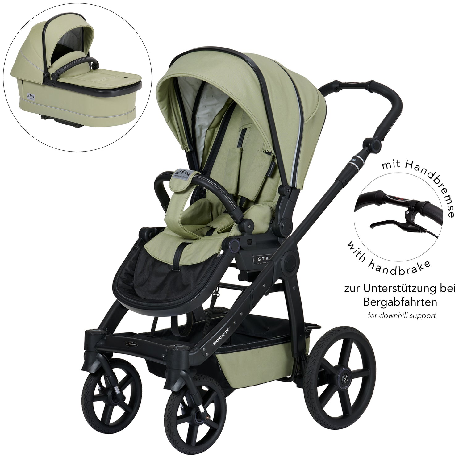 Kinderwagen in 603 / Lime mit verstellbarem Sportsitz und großem Sonnenverdeck.
Verdeck halb ausgeklappt.
Gestell in schwarz.
Falttasche zusätzlich abgebildet.
Handbremse optional wählbar / Detailbild dazu.
Schräge Vorderansicht.