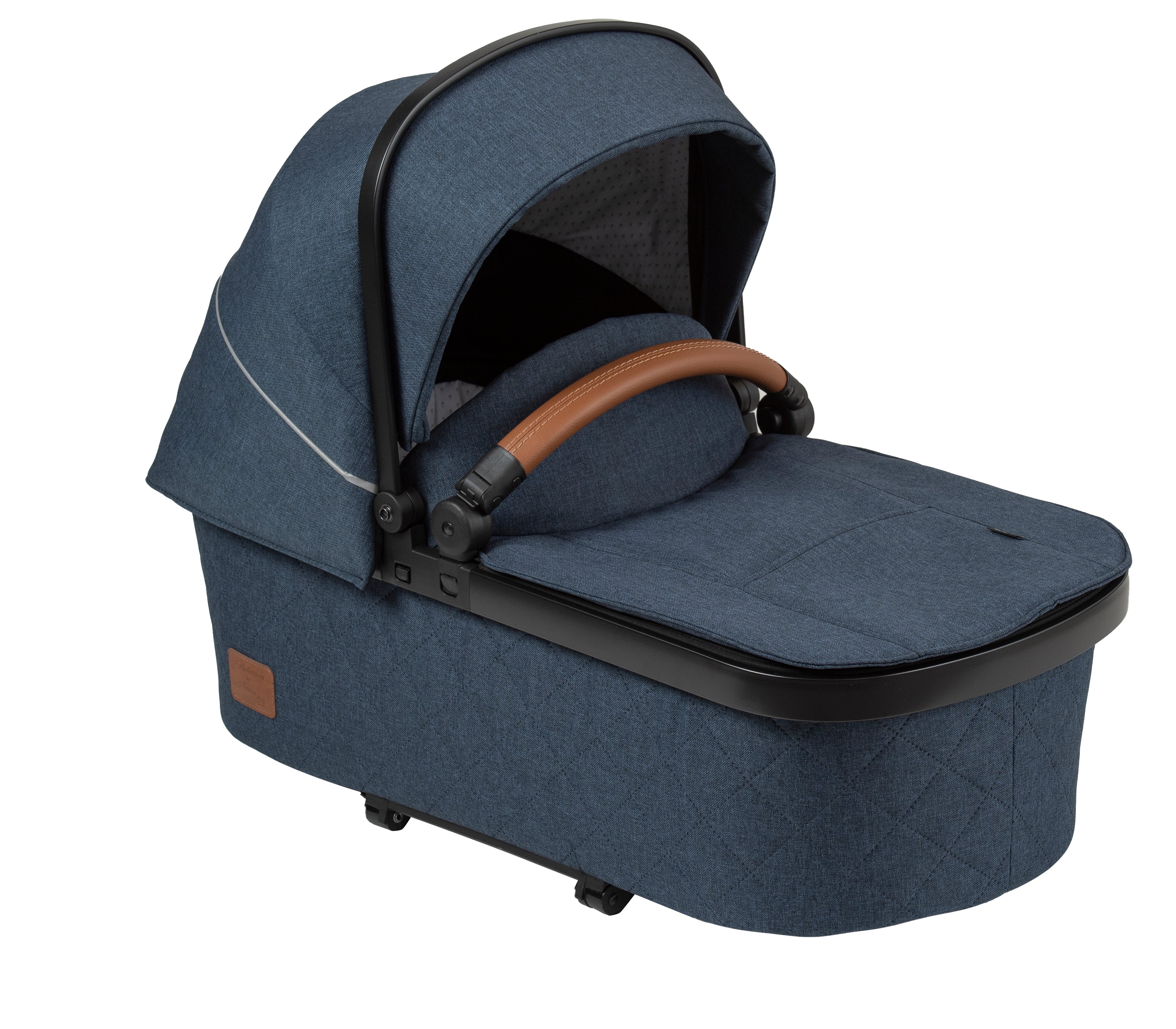 Premium Falttasche 428 / Blue mit braunem Schutzbügel.
Schräge Vorderansicht.