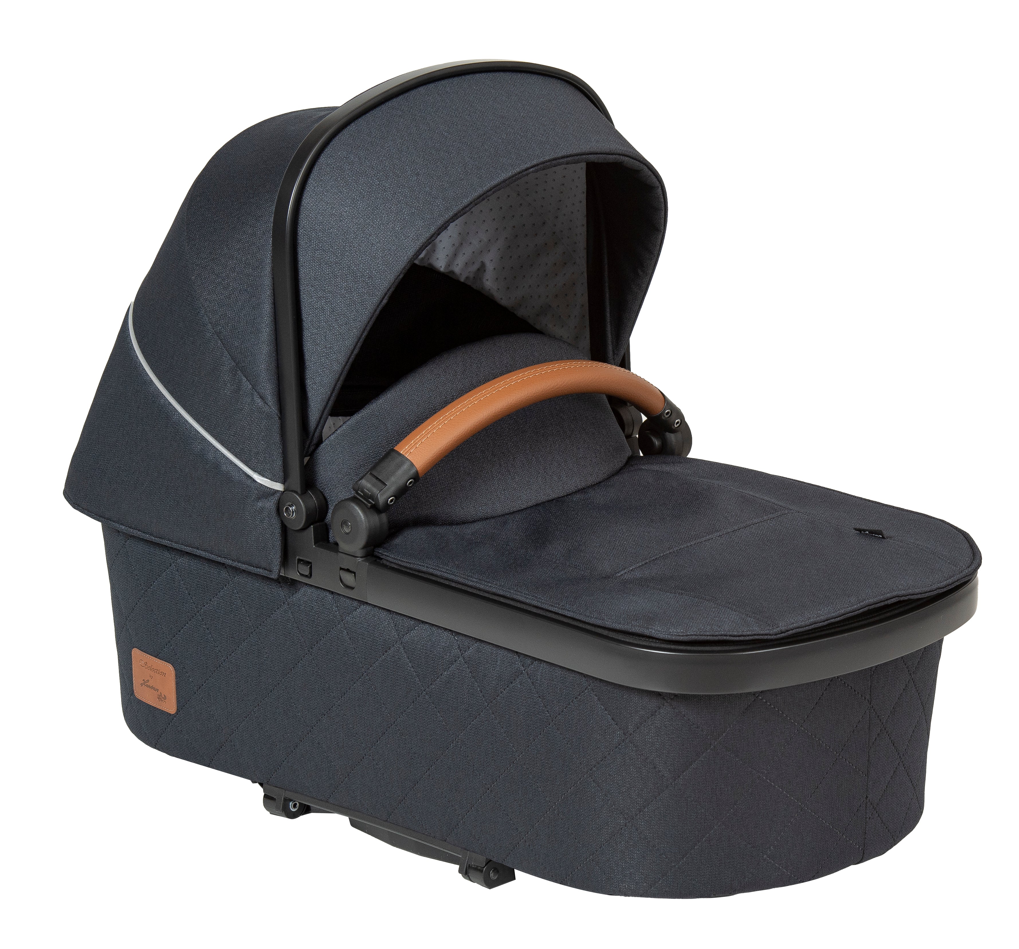 Premium Falttasche 458  / Navy mit braunem Schutzbügel.
Schräge Vorderansicht.