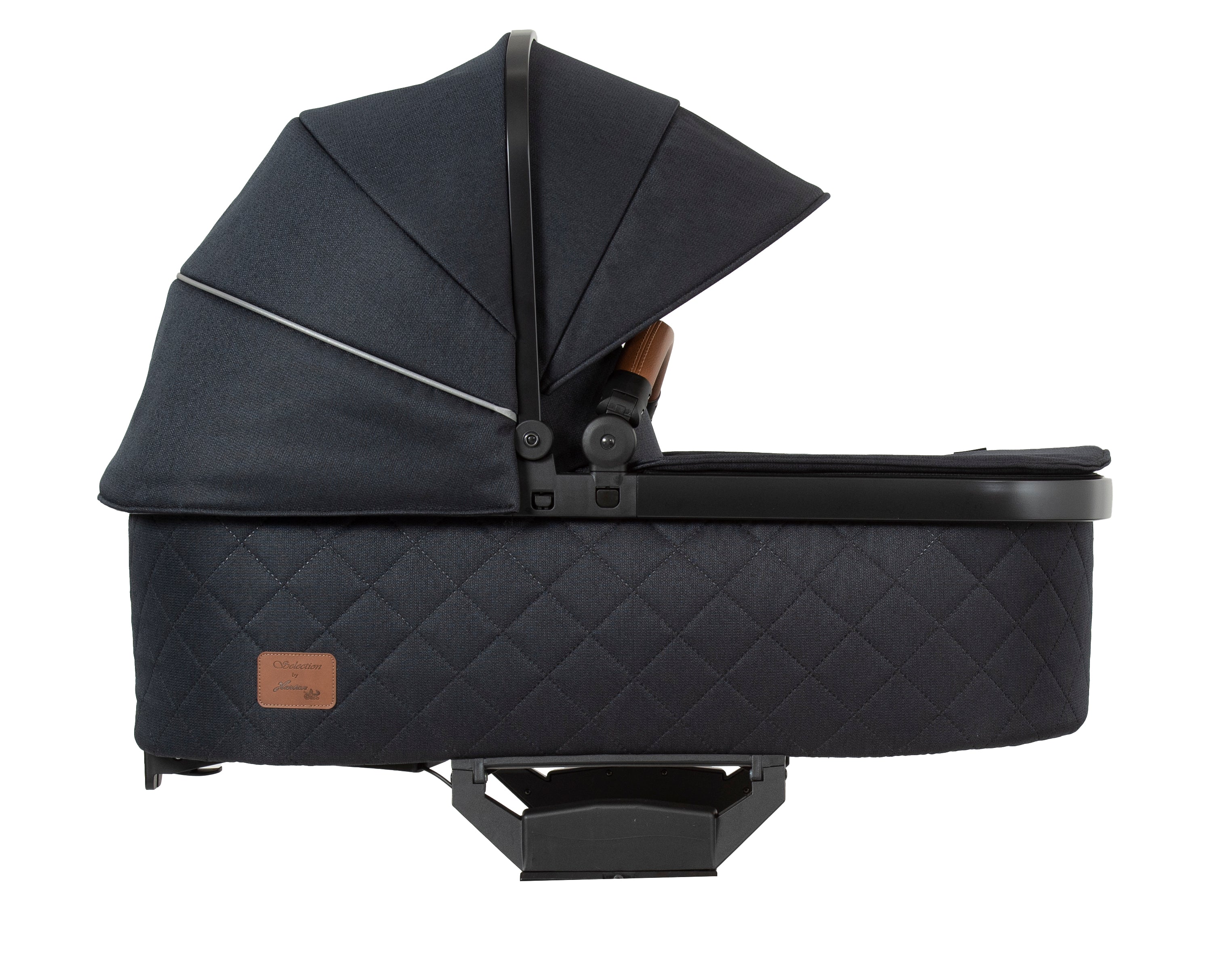 Premium Falttasche 458  / Navy mit braunem Schutzbügel.
Verdeck Komplett ausgeklappt.
Seitenansicht.