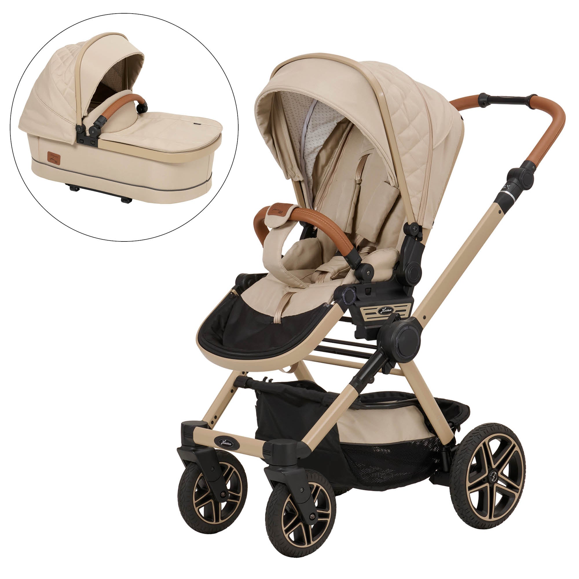 Kinderwagen in 609 / Peanut mit verstellbarem Sportsitz und großem Sonnenverdeck.
Verdeck halb ausgeklappt.
Schutzbügel und Handgriff in braunen Leder.
Gestell in Beige.
Zusätzliches Bild mit Falttasche 
Schräge Vorderansicht.
