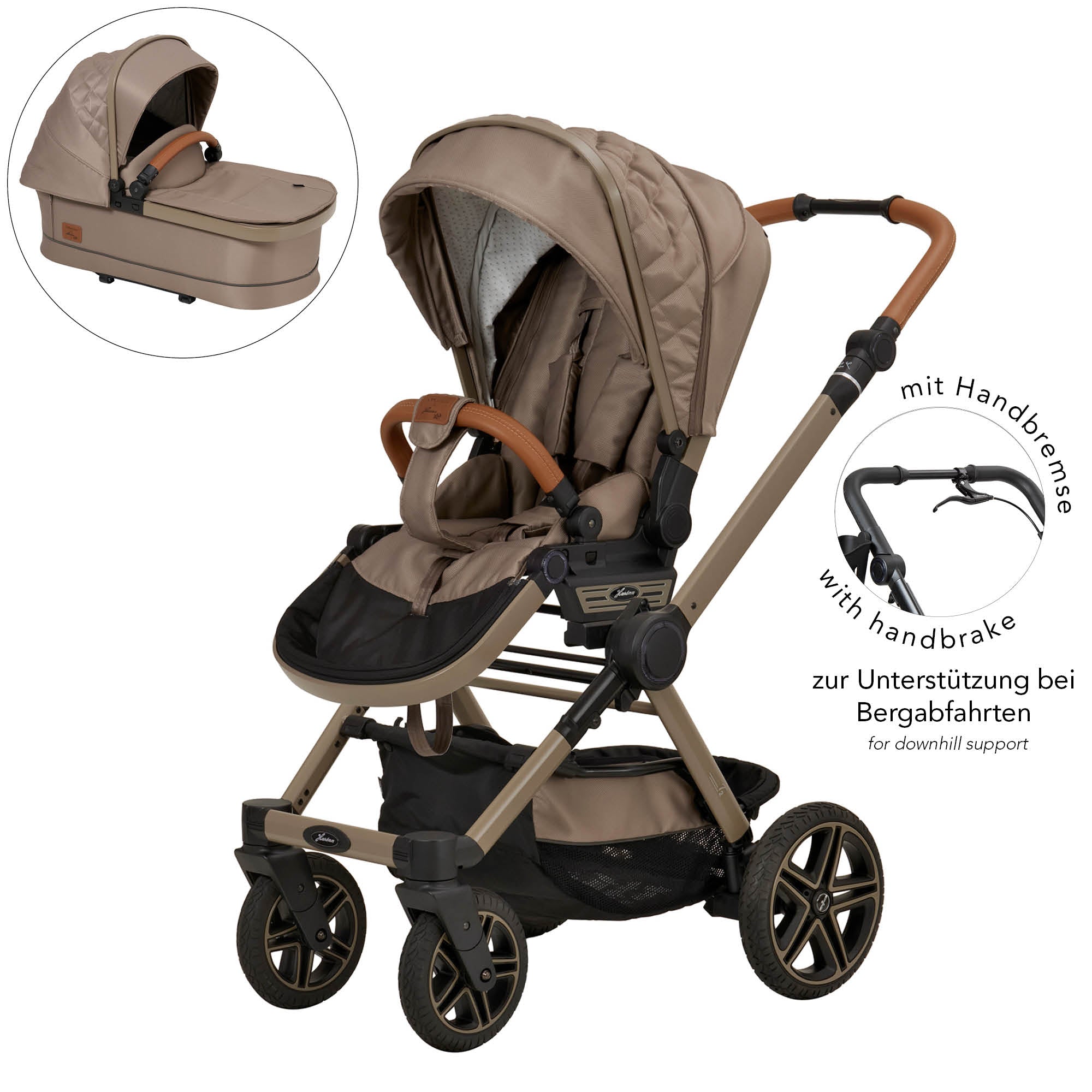 Kinderwagen in 606 / Hazel mit verstellbarem Sportsitz und großem Sonnenverdeck.
Verdeck halb ausgeklappt.
Schutzbügel und Handgriff in braunen Leder.
Gestell in Beigegrau.
Zusätzliches Bild mit Falttasche und Detailbild Handbremse.
Schräge Vorderansicht.