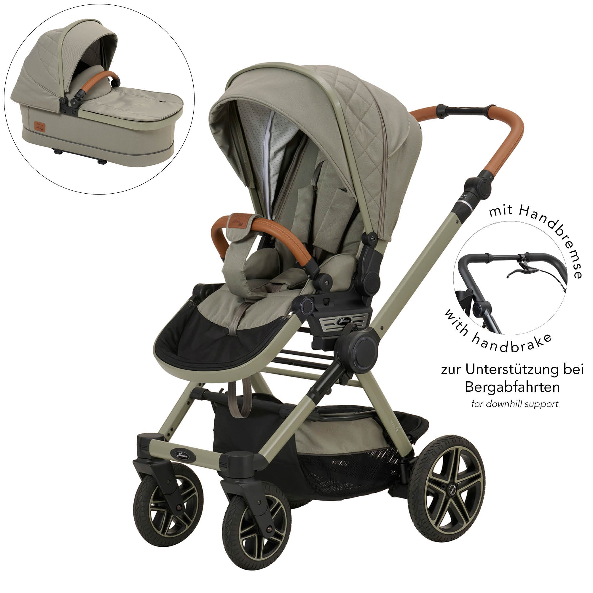 Kinderwagen in 608 / Pistachio mit verstellbarem Sportsitz und großem Sonnenverdeck.
Verdeck halb ausgeklappt.
Schutzbügel und Handgriff in braunen Leder.
Gestell in Moosgrau.
Zusätzliches Bild mit Falttasche und Detailbild Handbremse.
Schräge Vorderansicht.