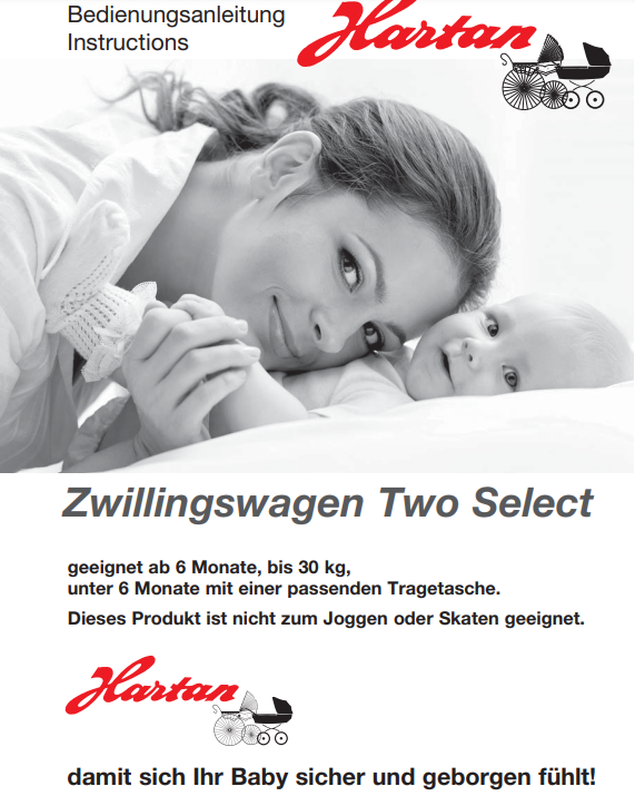 Schwarzweiß-Cover Hartan Bedienungsanleitung Zwillingswagen Two Select mit liegender Mutter, lächelndem Baby, Logo und Text