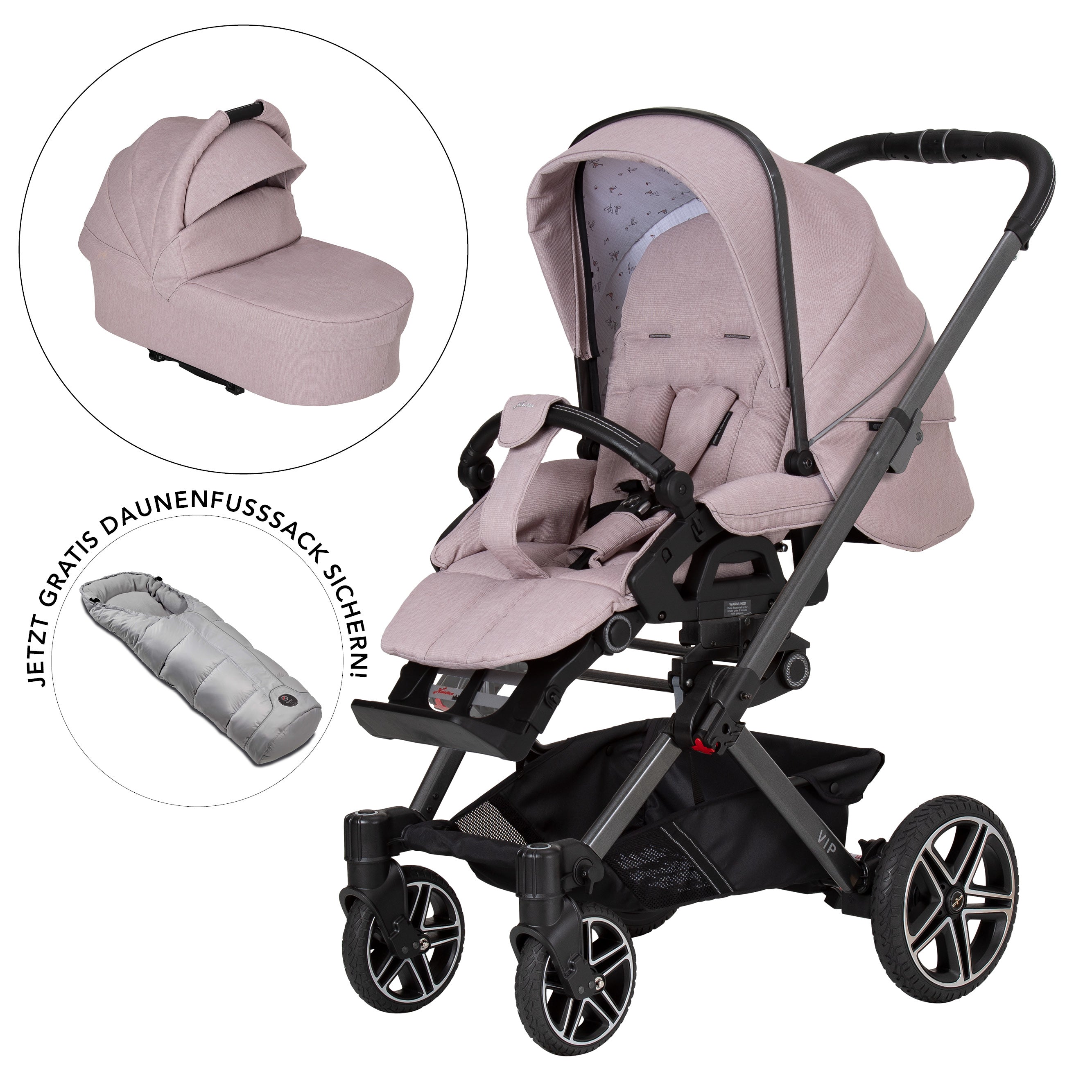 VIP GTS Set 808 / Rosy Birds
Sportwagen + Falttasche + Daunenfußsack Lichtgrau
Schutzbügel und Handgriff in Schwarz.
Gestell / Platin
3 separate Abbildungen mit schräger Vorderansicht