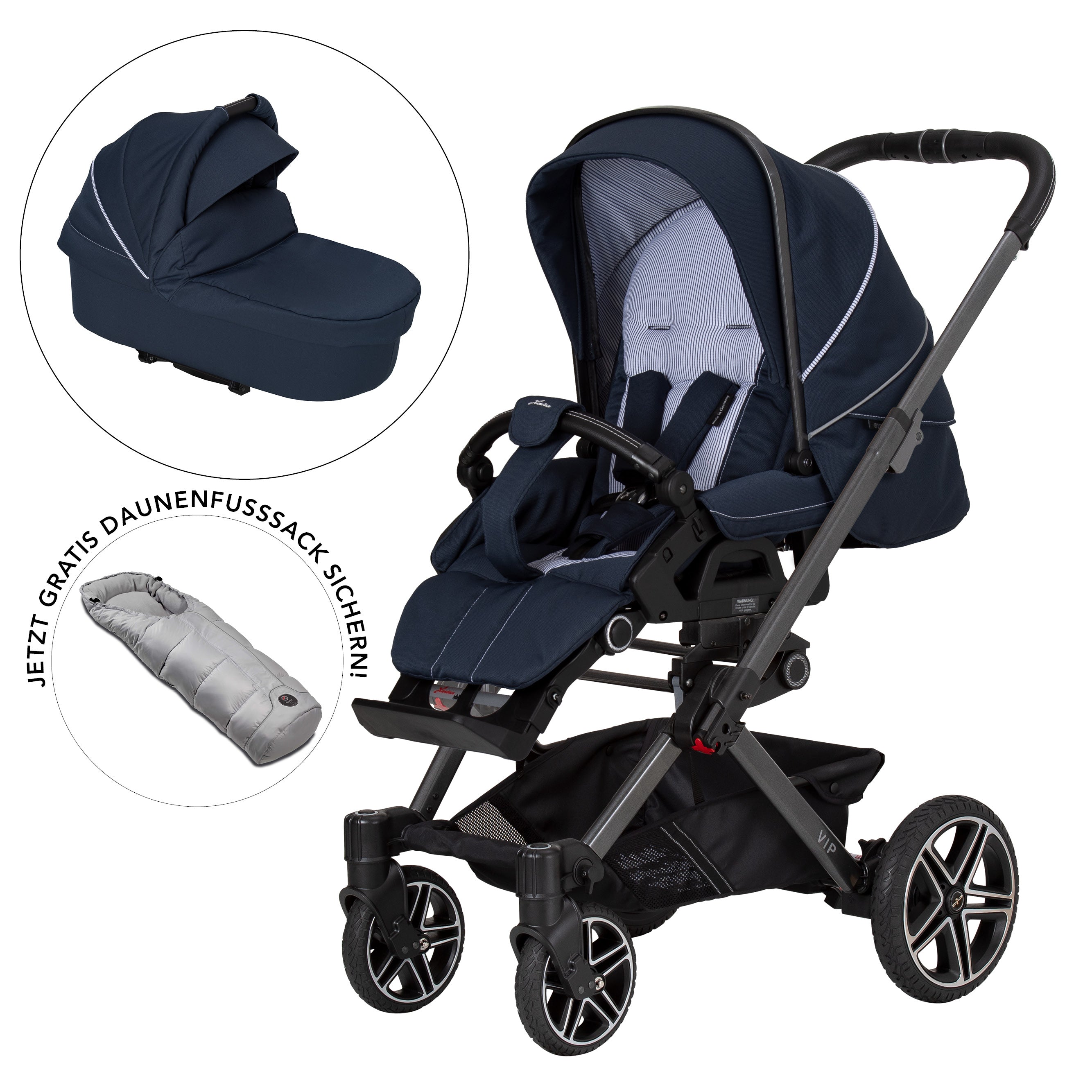 VIP GTS Set 810 / Navy Stripes
Sportwagen + Falttasche + Daunenfußsack Lichtgrau
Schutzbügel und Handgriff in Schwarz.
Gestell / Platin
3 separate Abbildungen mit schräger Vorderansicht