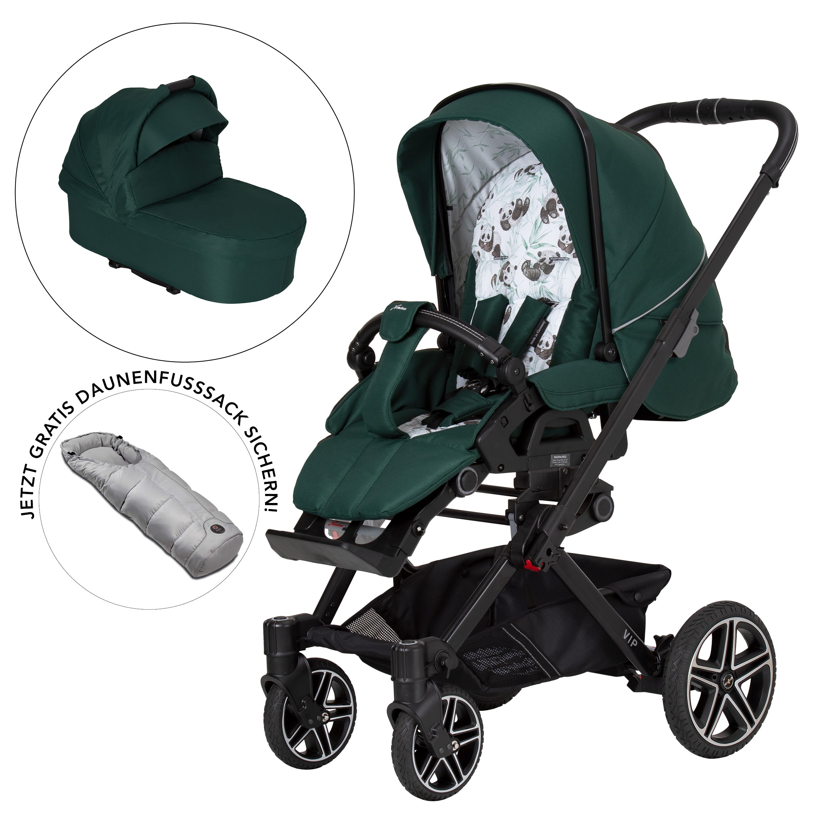 VIP GTS Set 812 / Panda Family
Sportwagen + Falttasche + Daunenfußsack Lichtgrau
Schutzbügel und Handgriff in Schwarz.
Gestell / Platin
3 separate Abbildungen mit schräger Vorderansicht