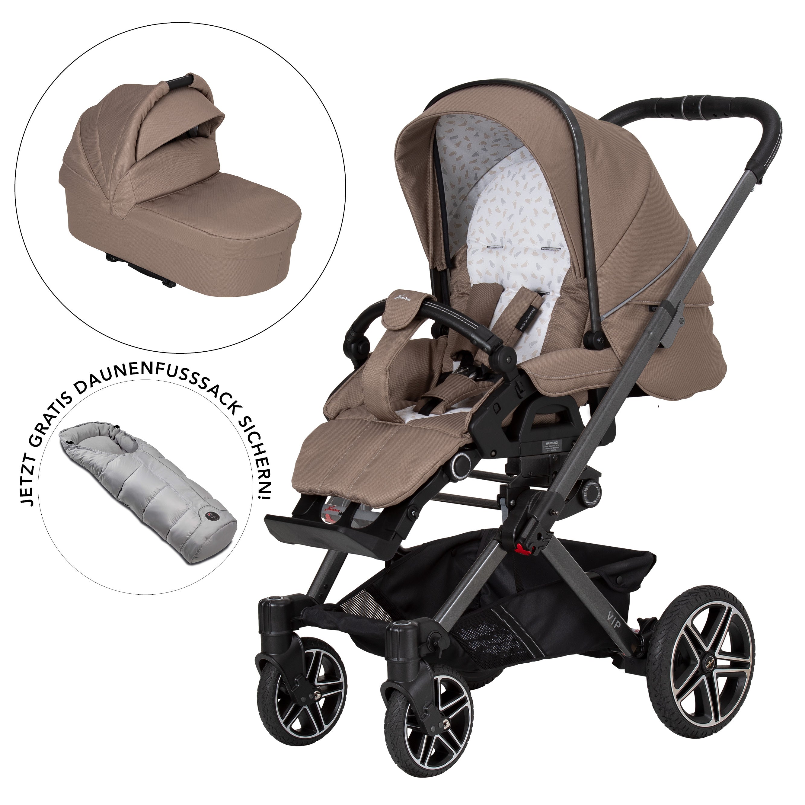 VIP GTS Set 815 / Happy Feet
Sportwagen + Falttasche + Daunenfußsack Lichtgrau
Schutzbügel und Handgriff in Schwarz.
Gestell / Platin
3 separate Abbildungen mit schräger Vorderansicht