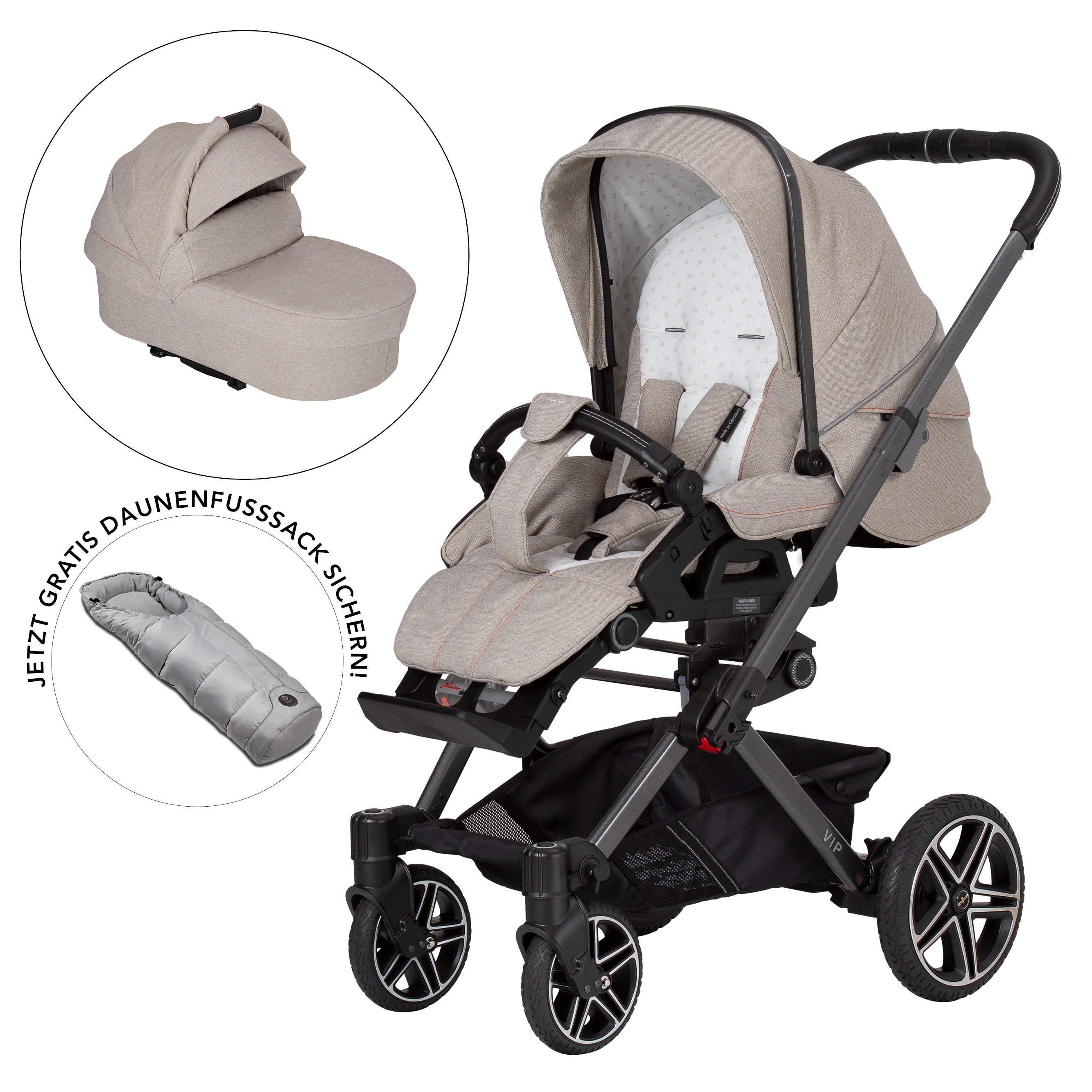VIP GTS Set 821  /  Hedgehog Love
Sportwagen + Falttasche + Daunenfußsack Lichtgrau
Schutzbügel und Handgriff in Schwarz.
Gestell / Platin
3 separate Abbildungen mit schräger Vorderansicht