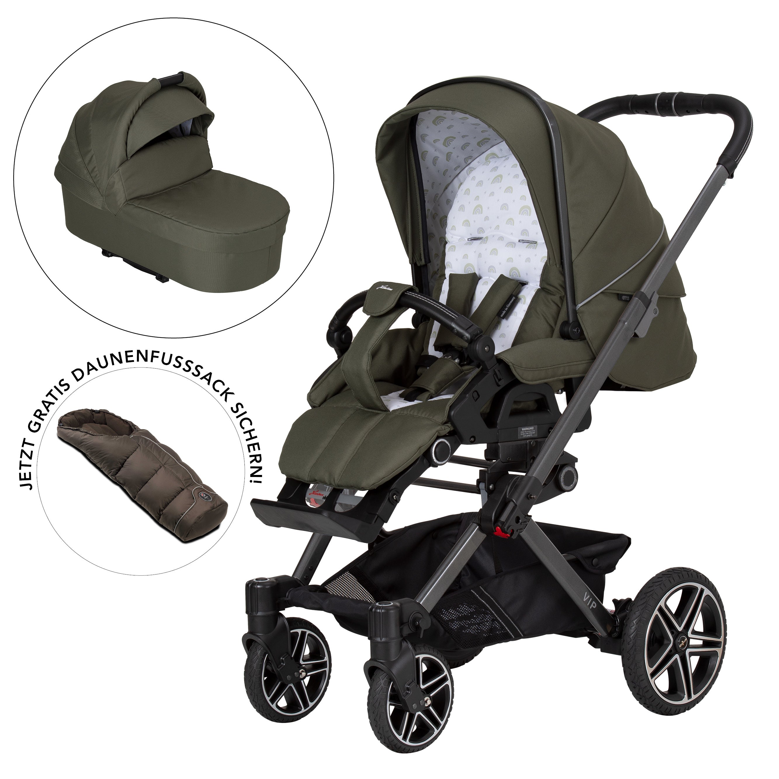 VIP GTS Set 805 / Rainbow
Sportwagen + Falttasche + Daunenfußsack Braun.
Schutzbügel und Handgriff in Schwarz.
Gestell / Platin
3 separate Abbildungen mit schräger Vorderansicht