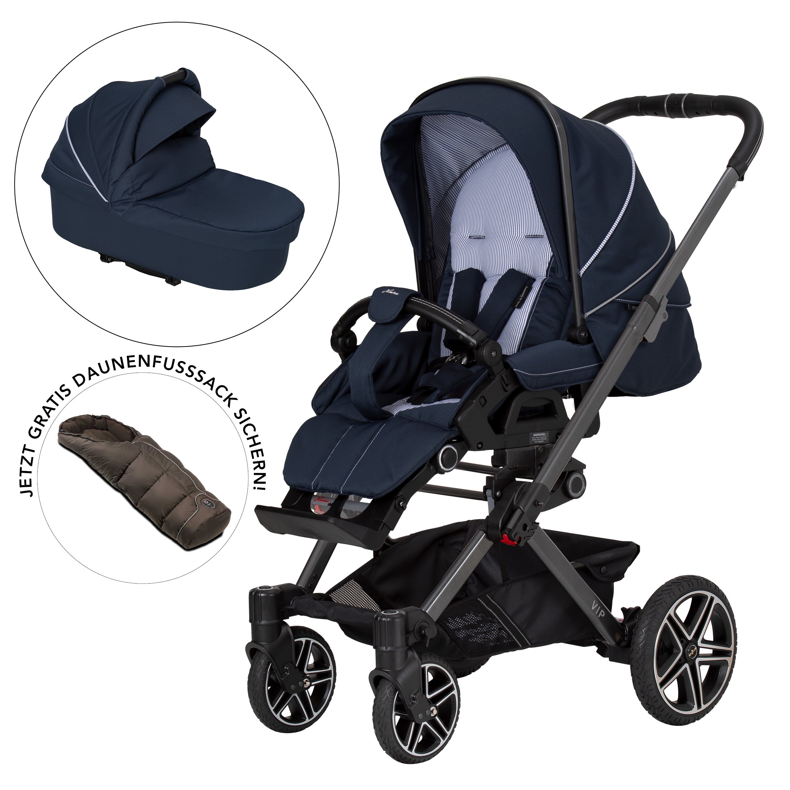 VIP GTS Set 810 / Navy Stripes
Sportwagen + Falttasche + Daunenfußsack Braun
Schutzbügel und Handgriff in Schwarz.
Gestell / Platin
3 separate Abbildungen mit schräger Vorderansicht