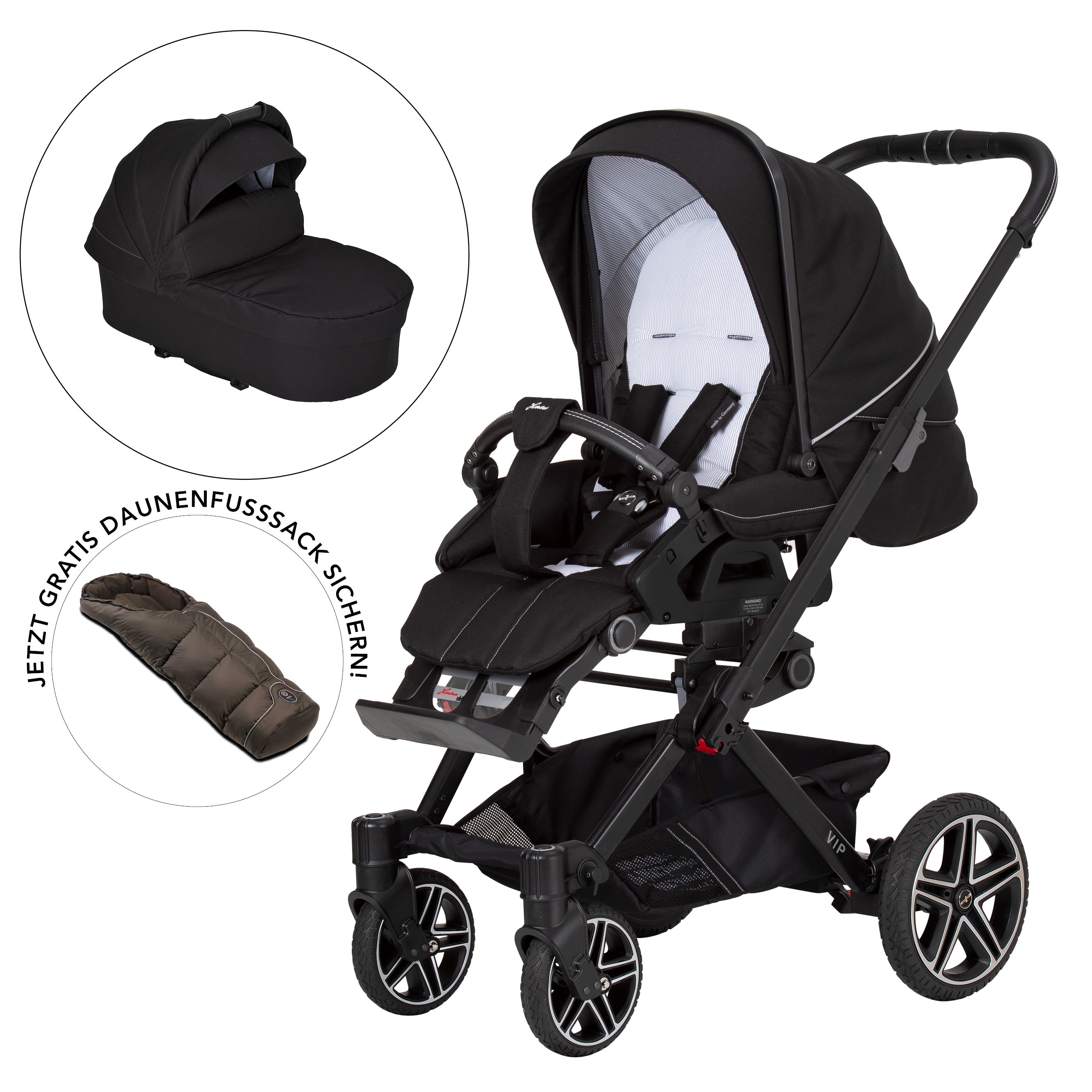 VIP GTS Set 823  /  Black Pinstripe
Sportwagen + Falttasche + Daunenfußsack Braun
Schutzbügel und Handgriff in Schwarz.
Gestell / Platin
3 separate Abbildungen mit schräger Vorderansicht