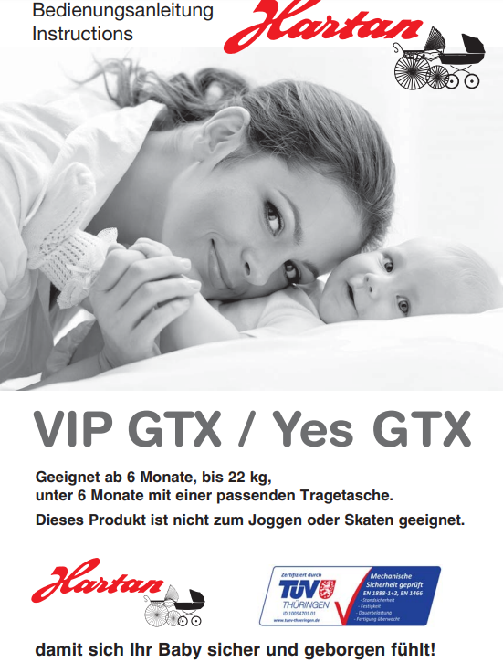 Mutter mit Baby auf Bett, Hartan VIP GTX Yes GTX Kinderwagen Bedienungsanleitung, TÜV Thüringen Siegel, deutscher Werbetext