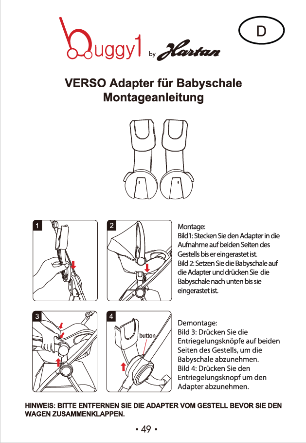 Montageanleitung Hartan Buggy1 VERSO Adapter Babyschale, Zeichnungen Adapterteile, Schrittbilder Montage Demontage am Gestell