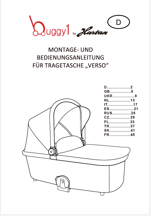 Buggy1 Hartan Anleitung Tragetasche Verso Titelblatt mit Zeichnung Babywanne mit Verdeck und Sprachenübersicht rechts