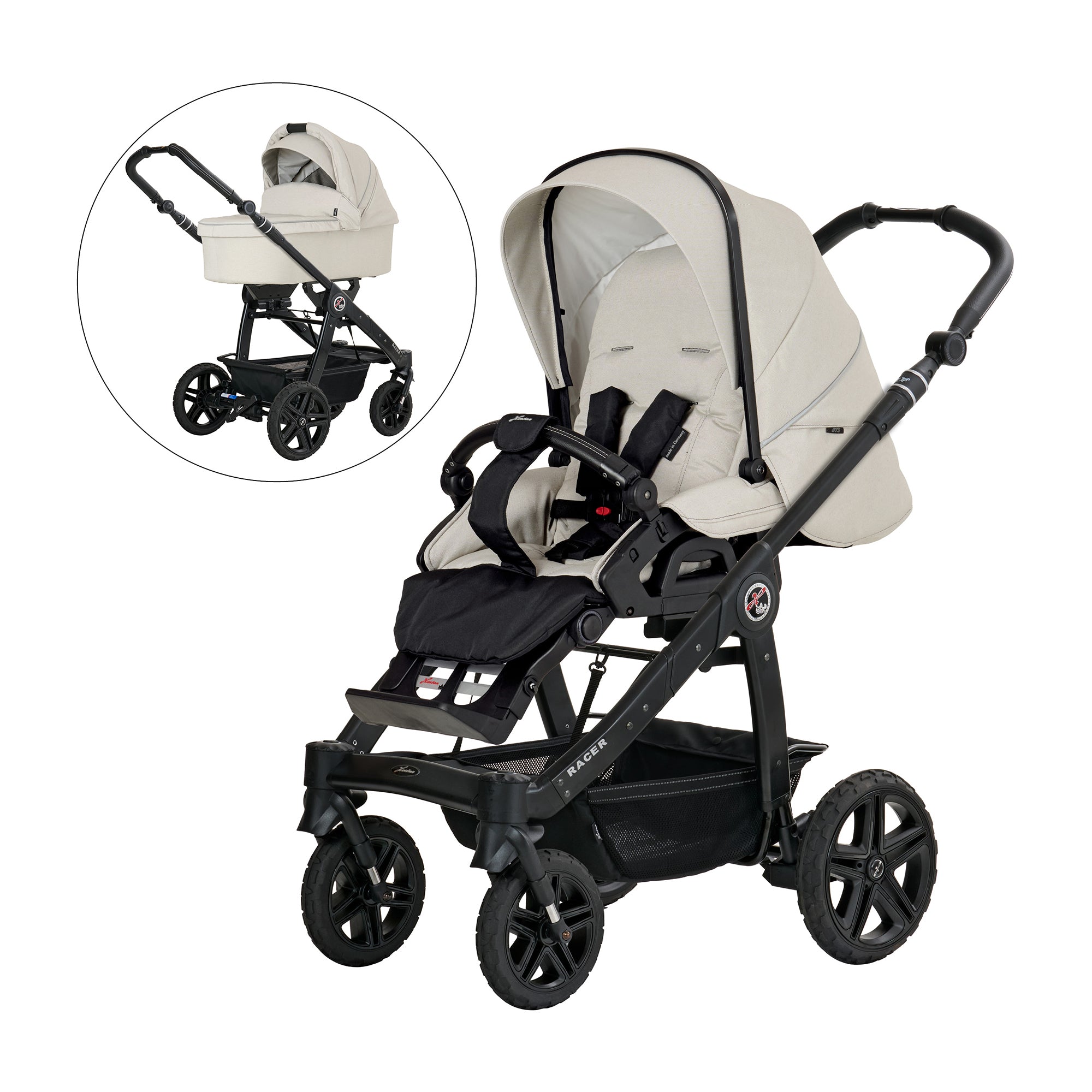 Racer GTS Sportwagen  623 / Creme Beige mit verstellbarem Sportsitz und großem Sonnenverdeck..
Schwarzer Schutzbügel und Handgriff
Schwarzes Gestell
Racer GTS mit Falttasche
Schwarzes Gestell und Handgriff
2 Bilder mit jeweils Schräge Vorderansicht
