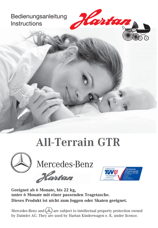 Schwarzweiß-Cover Hartan All-Terrain GTR Bedienungsanleitung mit Mutter und Baby, Mercedes-Benz Logo und TÜV-Zertifikat