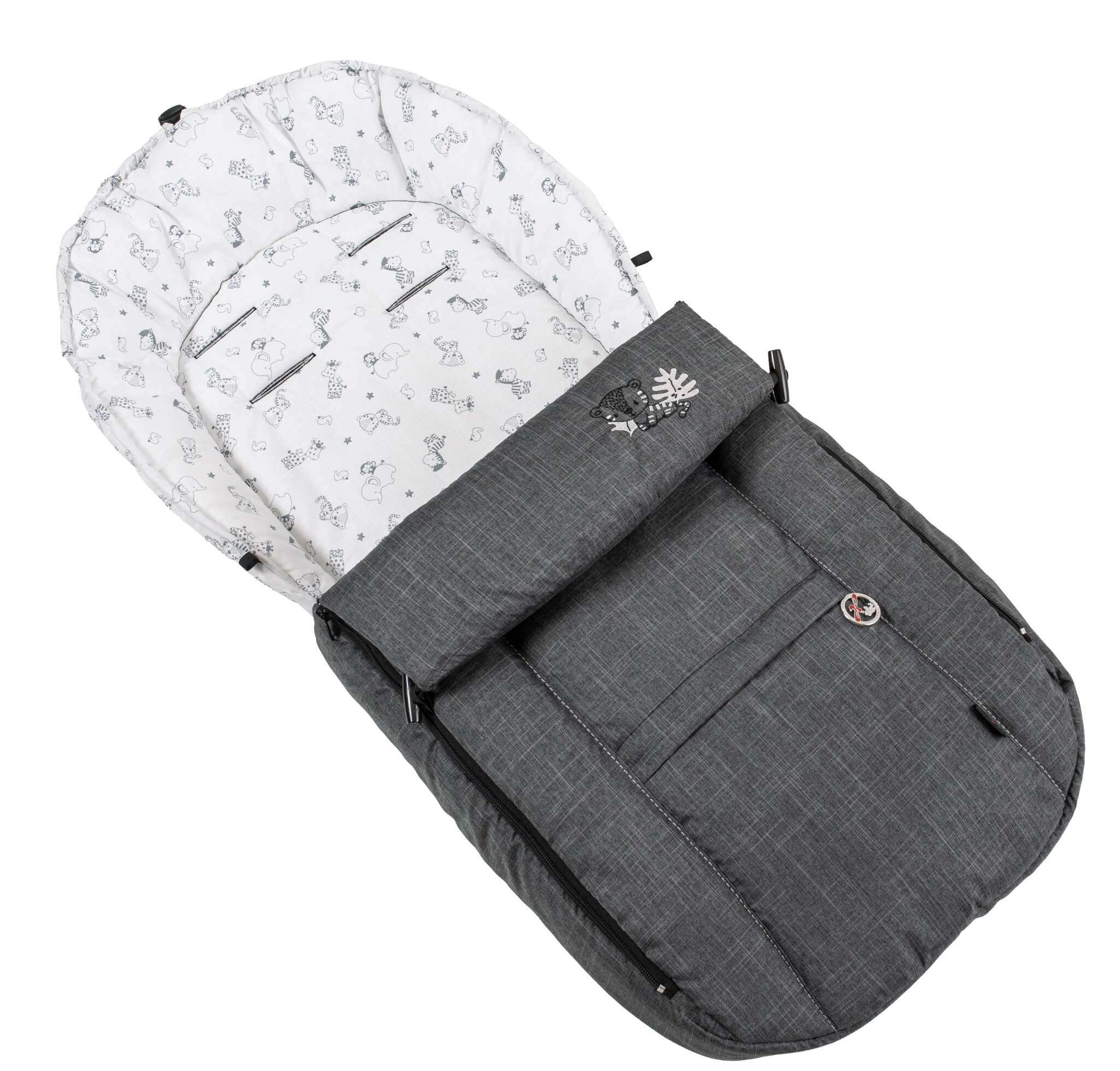 Kombitasche mit Verdeck in Grau, weißem Tiermuster-Innenfutter, Reißverschluss und gepolstertem Fußsack für Kinderwagen