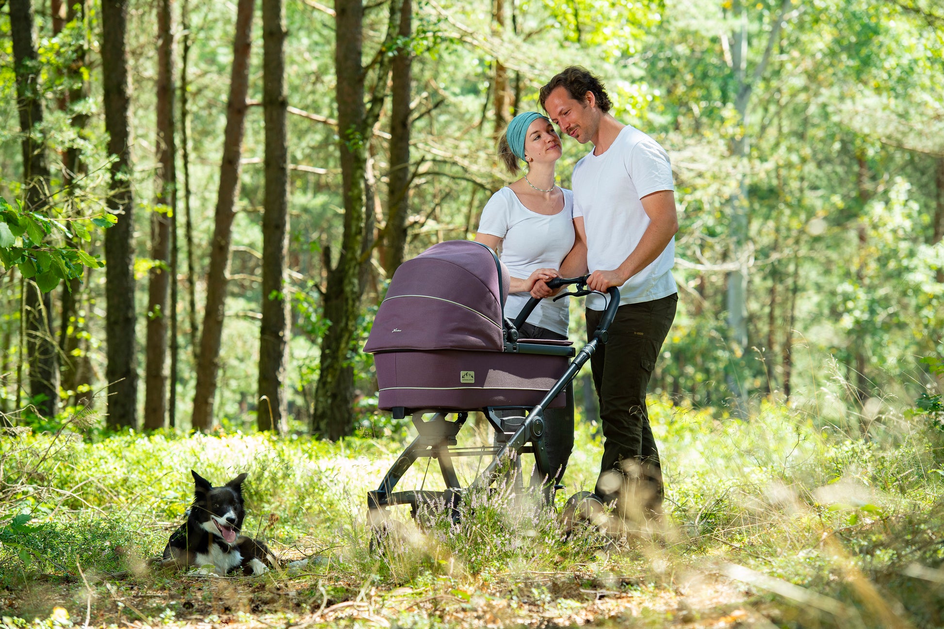 Familie geht mit Hund und Kinderwagen im Wald spazieren