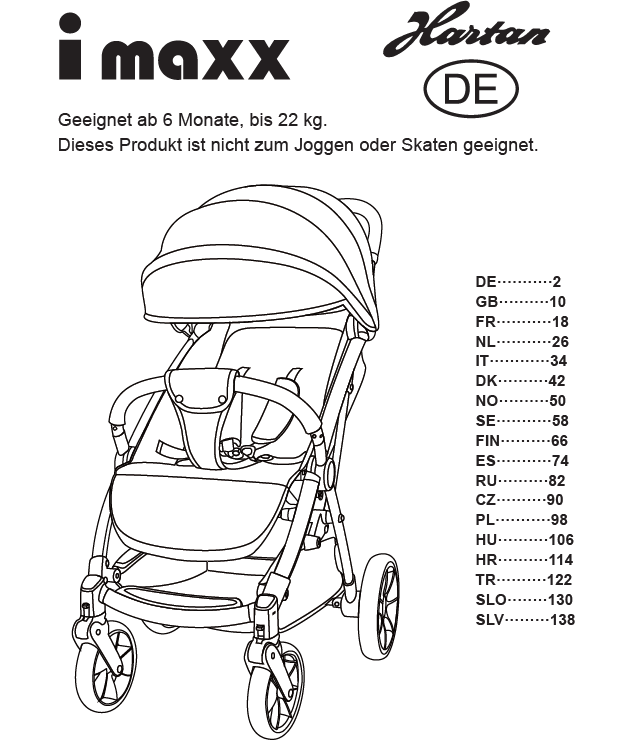 Kinderwagen Hartan i maxx mit großem Verdeck, Sitz, Sicherheitsbügel, Gurt, drei Rädern vorn, zwei großen Rädern hinten