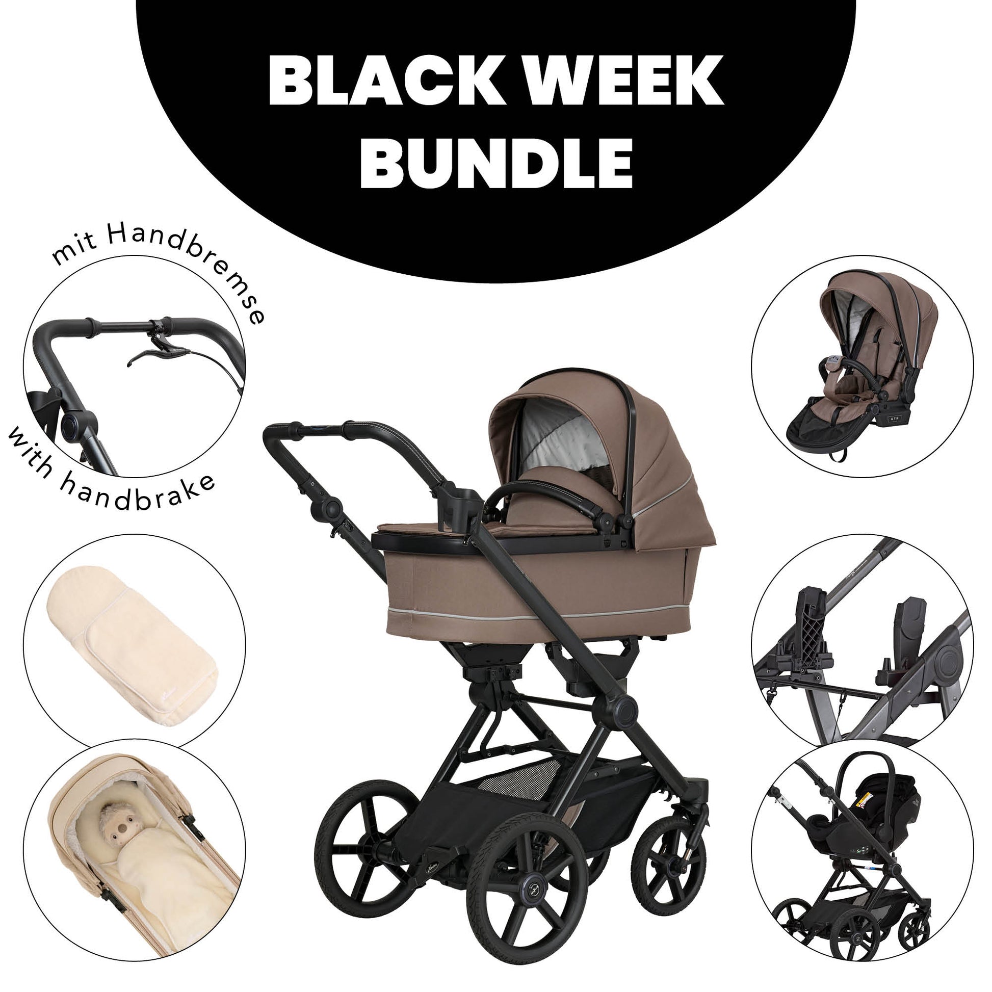 Kinderwagen in 600 / Toffee mit verstellbarem Sportsitz und großem Sonnenverdeck.
Zusätzliche Bilder Sportsitz, Adapter, Babyschale,  Kuschelinlay und Detailbild Handbremse.
Gestell in Schwarz.
Schräge Vorderansicht.