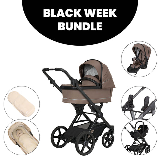 Kinderwagen in 600 / Toffee mit verstellbarem Sportsitz und großem Sonnenverdeck.
Zusätzliche Bilder Sportsitz, Adapter, Babyschale und Kuschelinlay.
Gestell in Schwarz.
Schräge Vorderansicht.