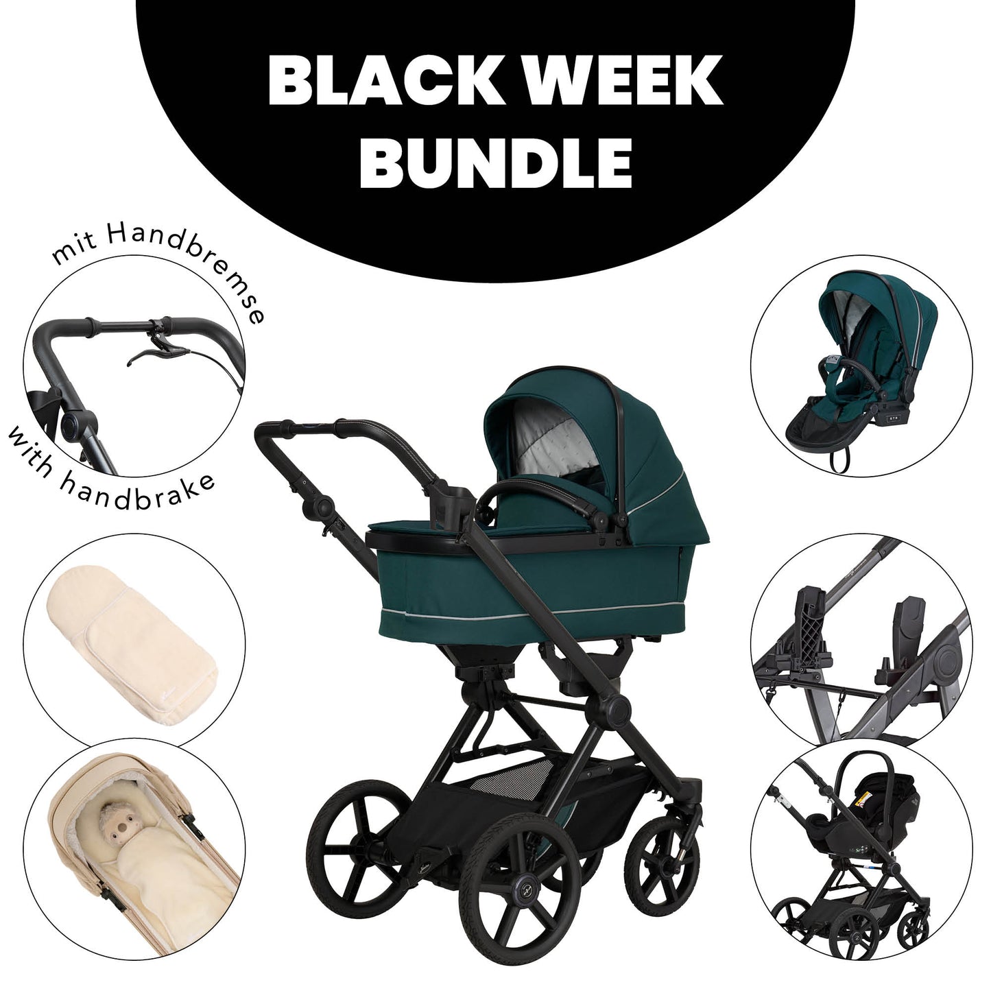 Kinderwagen in 601 / Leaf mit verstellbarem Sportsitz und großem Sonnenverdeck.
Zusätzliche Bilder Sportsitz, Adapter, Babyschale,  Kuschelinlay und Detailbild Handbremse.
Gestell in Schwarz.
Schräge Vorderansicht.