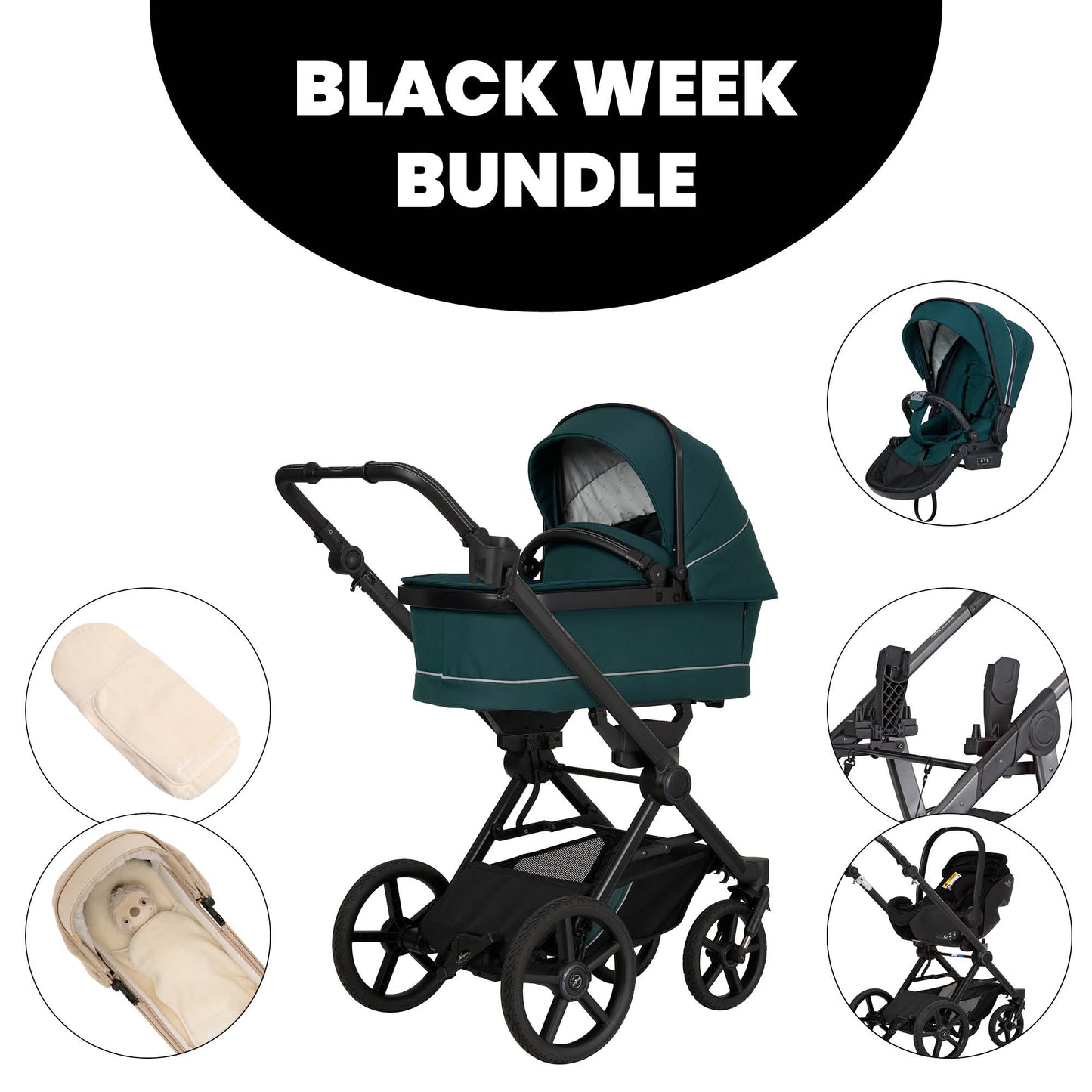Kinderwagen in 601 / Leaf mit verstellbarem Sportsitz und großem Sonnenverdeck.
Zusätzliche Bilder Sportsitz, Adapter, Babyschale,  Kuschelinlay
Gestell in Schwarz.
Schräge Vorderansicht.