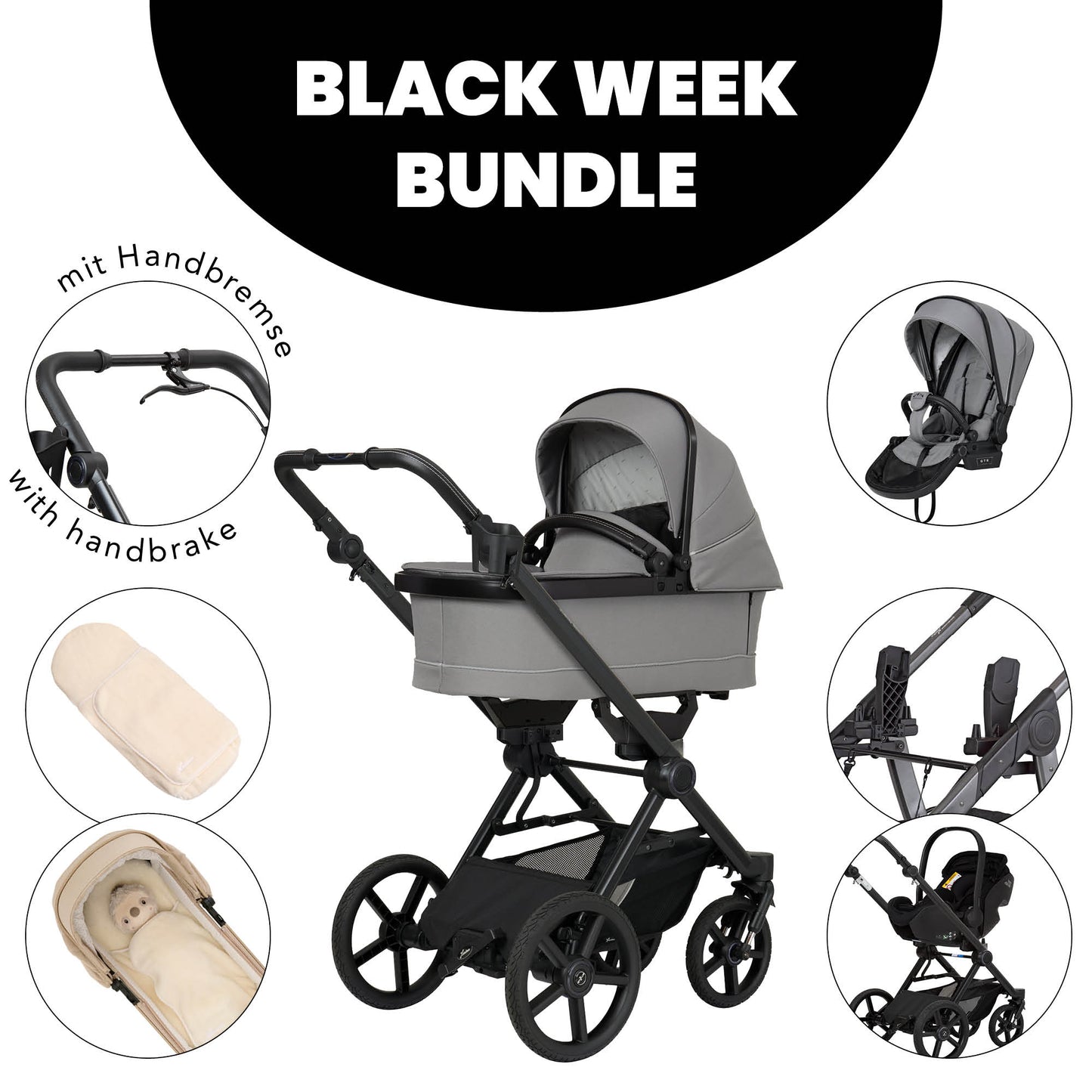 Kinderwagen in 602 / Graphit mit verstellbarem Sportsitz und großem Sonnenverdeck.
Zusätzliche Bilder Sportsitz, Adapter, Babyschale,  Kuschelinlay und Detailbild Handbremse.
Gestell in Schwarz.
Schräge Vorderansicht.
