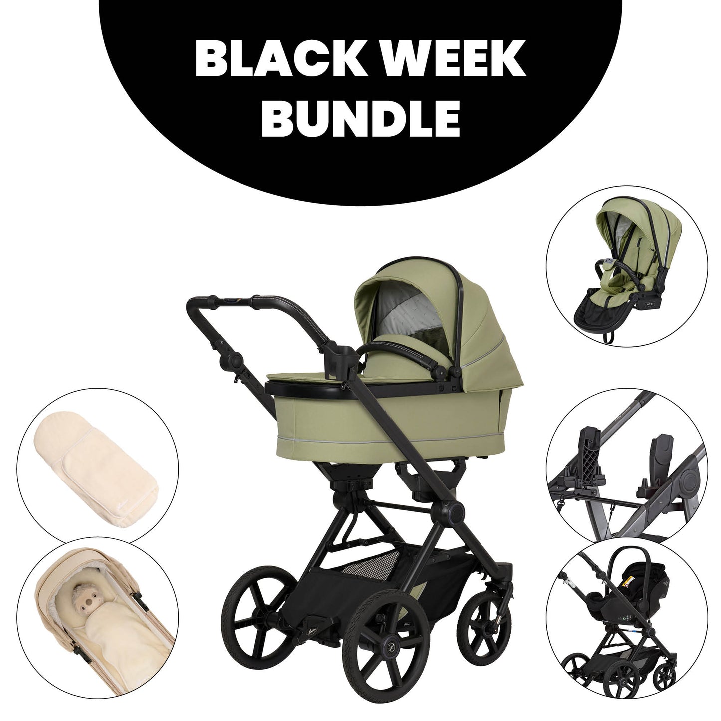 Kinderwagen in 603 / Lime mit verstellbarem Sportsitz und großem Sonnenverdeck.
Zusätzliche Bilder Sportsitz, Adapter, Babyschale,  Kuschelinlay.
Gestell in Schwarz.
Schräge Vorderansicht.