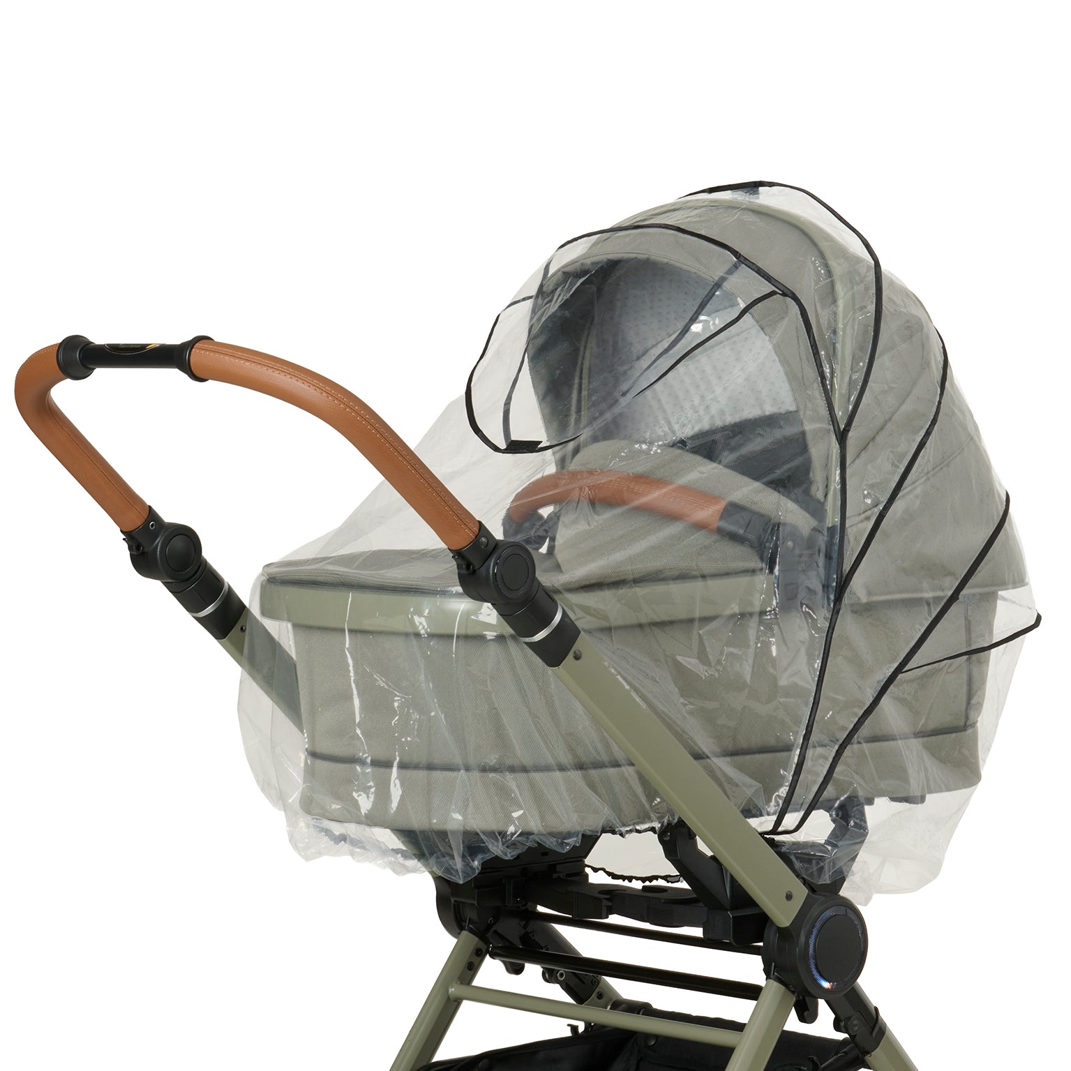 Regenhaube für den Kinderwagen – zuverlässiger Schutz bei jedem Wetter
Abbildung Nutzung über der Falttasche.
Schräge Vorderansicht.
